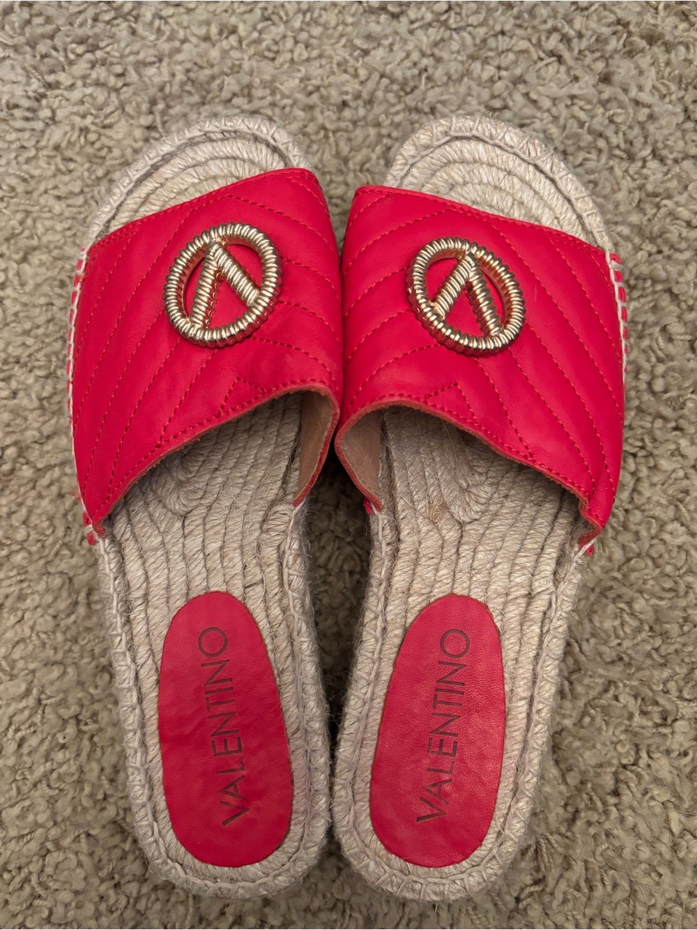 Valentino Quilted Red Slide Espadrilles with Gold Emblem